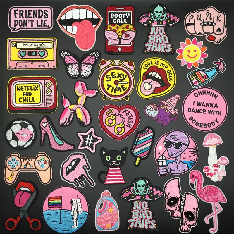 Streetwear Brand Stickers - Karikatür Pembe Flamingo Uzaylı Yamalar Giyim